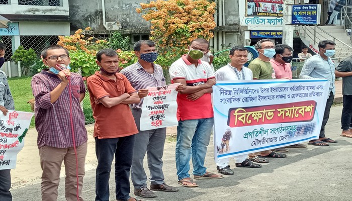 মৌলভীবাজারে ফিলিস্তিনে গণহত্যা বন্ধের দাবিতে ও সাংবাদিক রোজিনাকে গ্রেফতারের প্রতিবাদে প্রগতিশীল সংগঠনসমূহের বিক্ষোভ সমাবেশ